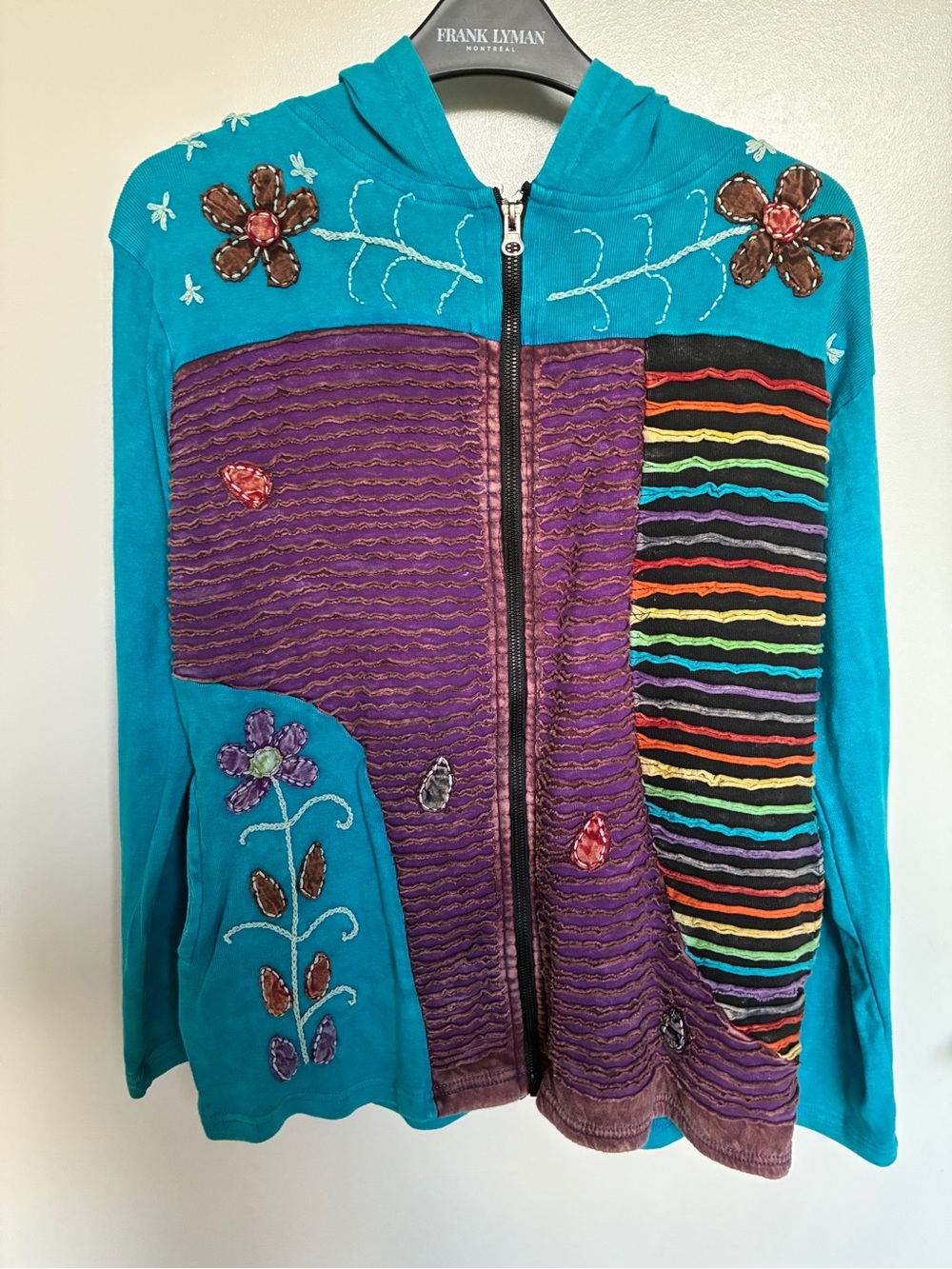 Turquoise Floral Embroidered Hooded Zip Jacket - Rising International